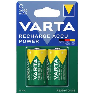 Balenie dvoch nabíjateľných batérií Varta C s kapacitou 3000 mAh, vhodných pre energeticky náročné aplikácie, pripravené na použitie.