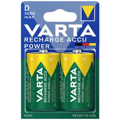 Dve nabíjateľné batérie VARTA D, kapacita 3000 mAh, vhodné na okamžité použitie v jednom balení.