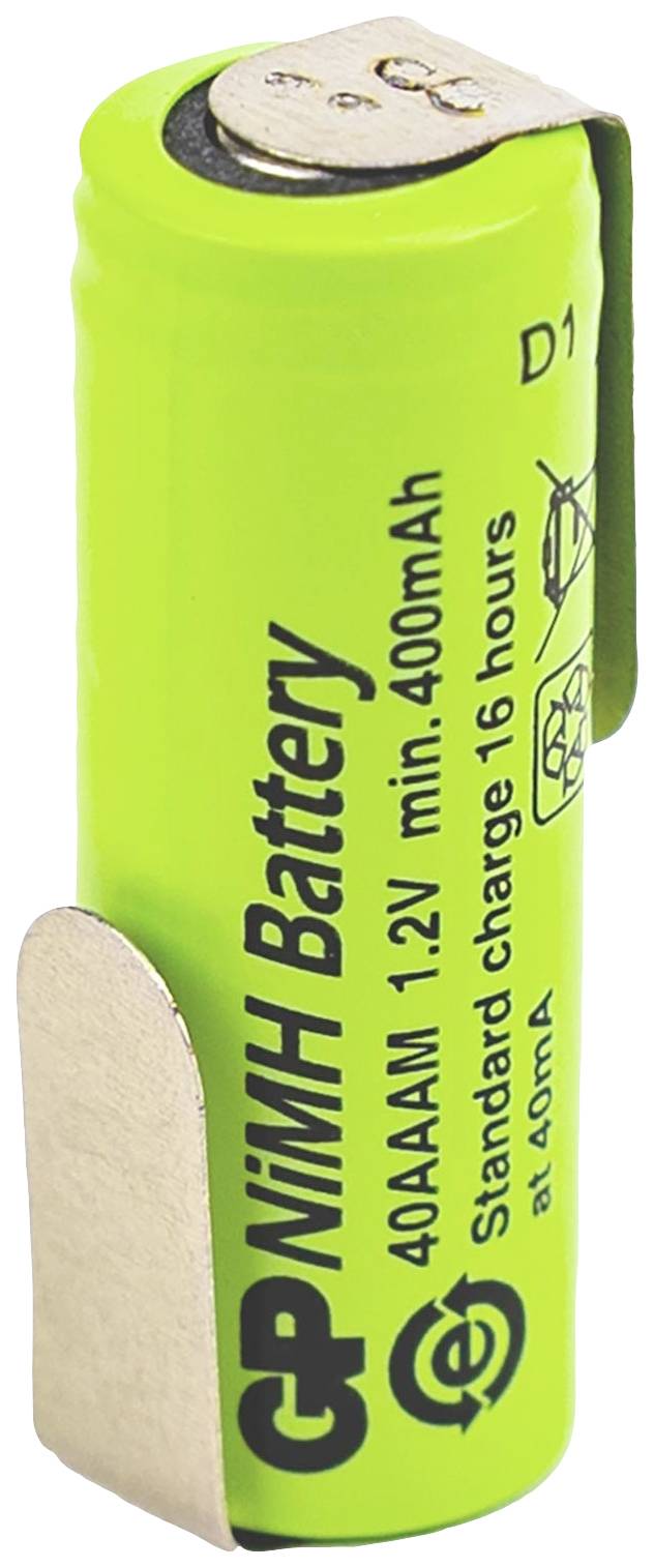 Zelená NiMH batéria s nápisom "GP NiMH Battery", "1,2V min. 400mAh". Zobrazuje symboly štandardného nabíjania a recyklácie.