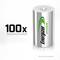 Batéria s nápisom 'Energizer Recharge' vedľa textu '100x nabíjateľná'. Pozadie abstraktne dynamické.