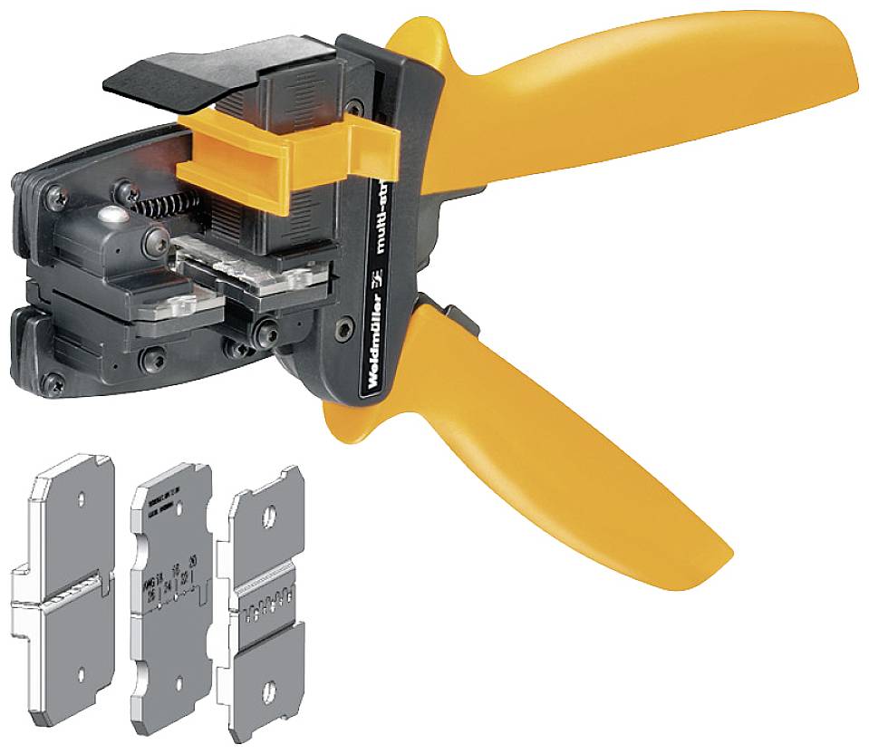 Krimpovacie náradie s oranžovou rukoväťou, vhodné pre modulárne elektrické konektory, zobrazuje vymeniteľné matricové možnosti.