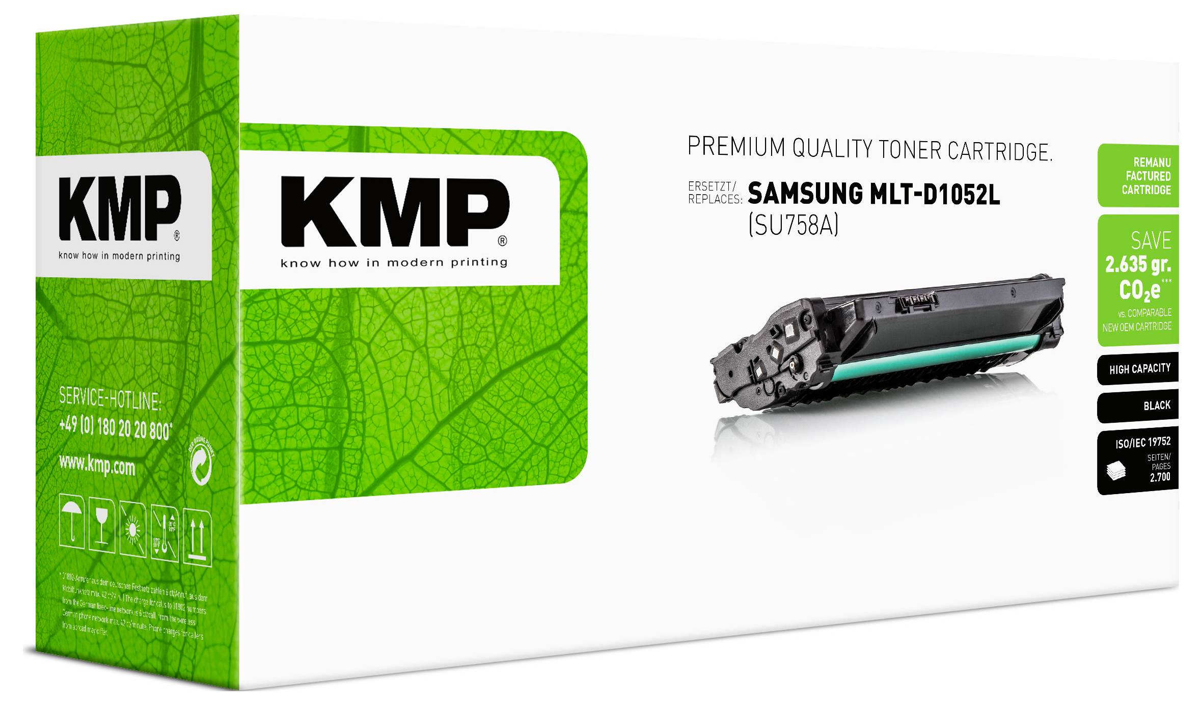 Krabica prémiového kvalitného toneru KMP pre Samsung MLT-D1052L, čierna, s obrázkom kazety a nárokmi na úspory energie.