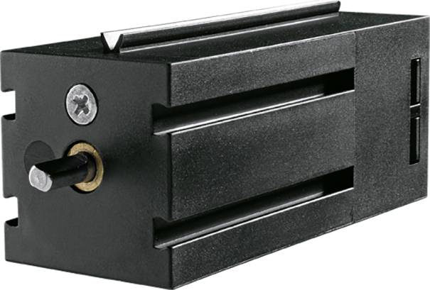 Čierna obdĺžniková elektronická súčiastka s vyčnievajúcim kovovým kolíkom na jednej strane a zasunutým skrutkovým otvorom.