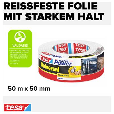 Rolka Tesa extra Power Universal Tape s bielou páskou. Text na obale: 'Odolná fólia s mimoriadne silnou priľnavosťou.' Rozmery: 50 m x 50 mm.