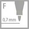 Symbol hrotu pera s označením F pre jemný a údajom 0,7 mm.