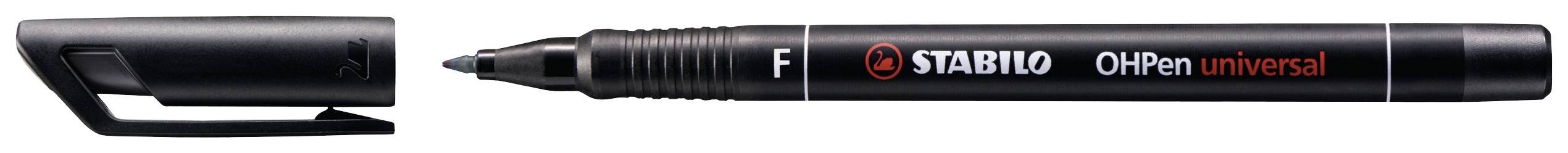 Čierny popisovač s nápisom 'STABILO OHPen universal F'. Vrchnák odobraný, hrot viditeľný, vhodný na hladké povrchy.