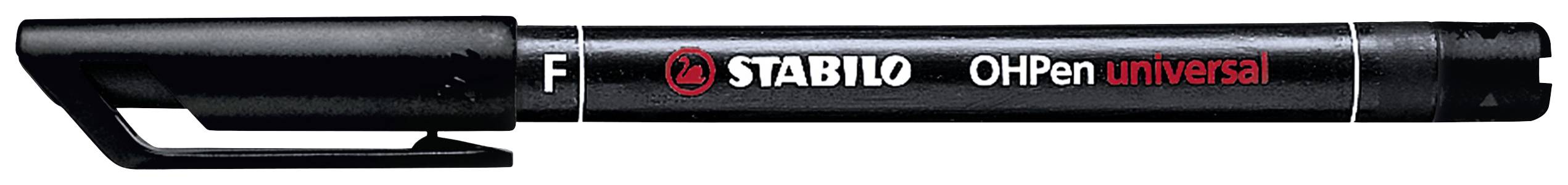 Čierny permanentný popisovač Stabilo OHPen Universal s červeným a bielym logom na tele pera, vhodný pre fólie do spätného projektora.