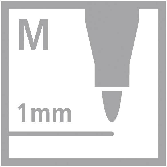 Ilustrácia symbolu hrotu pera s nápisom M a rozmerom 1 mm