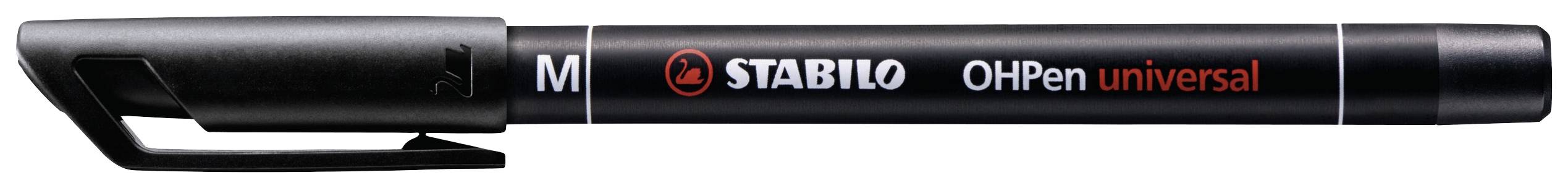 Čierny fix s uzáverom a klipom, nápis 'STABILO OhPen universal' v červenej a bielej farbe, veľkosť 'M'.