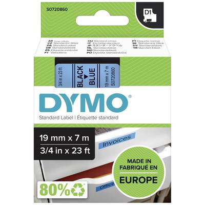 Štandardná etiketa DYMO, balenie nálepkovej pásky, 19 mm x 7 m, v modrej a čiernej farbe. Poznámka: 'Vyrobené v Európe', 80 % recyklovaných materiálov.