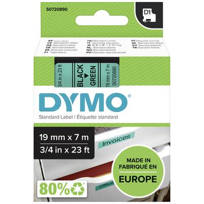Etiketa na páske: Značka 'DYMO', rozmery 19 mm x 7 m, farba Čierna na Zelenej, poznámka 'VYROBENÉ V EURÓPE', 80% recyklovaný materiál.