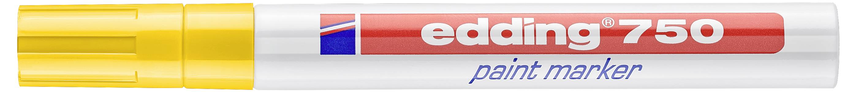 Biely maľovací marker Edding 750 so žltou čiapočkou a koncom, označený „edding 750" a „paint marker".