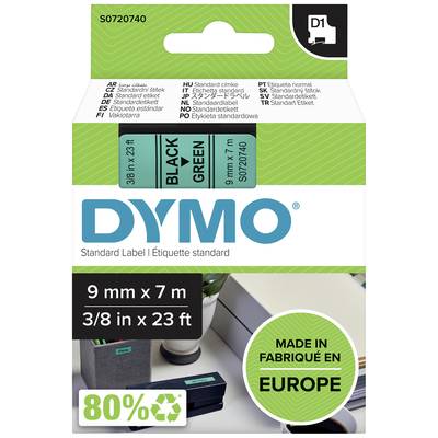 Etikety 'DYMO', čierne písmo na zelených etiketách, 9 mm x 7 m. Vyrobené v Európe z 80% recyklovaného materiálu.