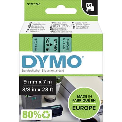 Balenie štandardných etikiet DYMO, 9 mm x 7 m, v čiernej farbe na zelenom podklade. Etikety sú vyrobené v Európe.