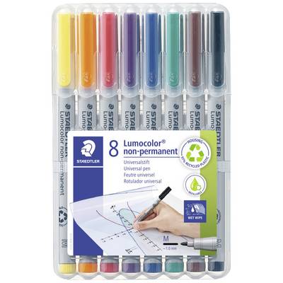 Osem farebných Lumocolor fixiek na báze vody v plastovom obale, vhodných pre whiteboard tabule a ľahko zotierateľných.
