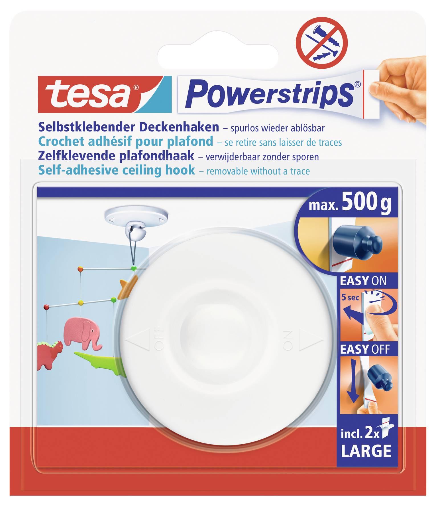 Balenie samolepiaceho háku na strop 'tesa Powerstrips'. Udrží až 500g, vrátane dvoch veľkých lepiacich pások.