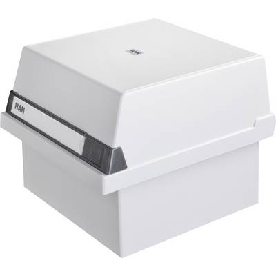 Biely kartotékový box s vekom, vhodný na uchovávanie dokumentov alebo kartotékových kariet, vyrobený spoločnosťou Han.