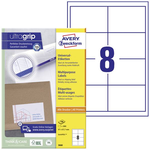 Avery-Zweckform 3660  97 x 67.7 mm papier  biela 800 ks trvalé univerzálne etikety atrament, laser, kópie