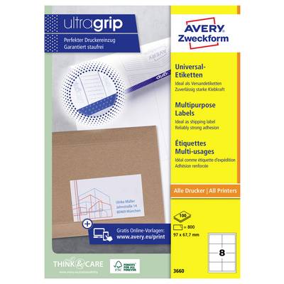 Balícok univerzálnych viaccúčelových etikiet Avery Zweckform s technológiou „ultragrip" na podávanie do tlačiarne a podrobnosťami o produkte pre všetky tlačiarne, rozmer 97 x 67,7 mm, 800 etikiet.