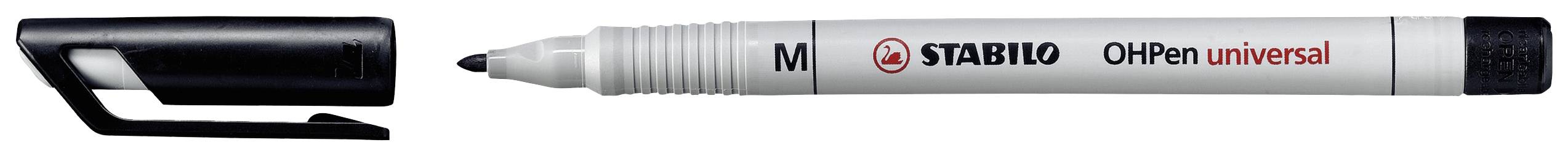 Čierny fix s odnímateľným uzáverom, na ktorom je napísané 'STABILO OHPen universal M'. Fix leží horizontálne.