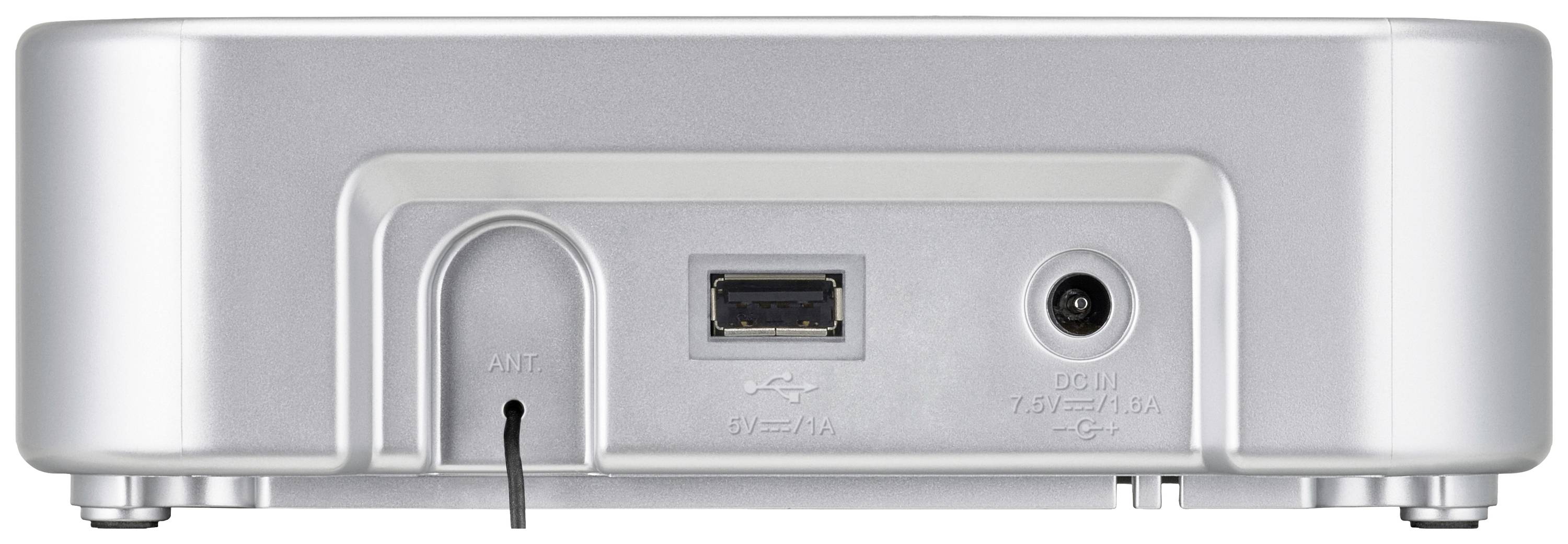 Zadná strana strieborného elektronického zariadenia s USB portom, sieťovým adaptérom a anténnym konektorom.
