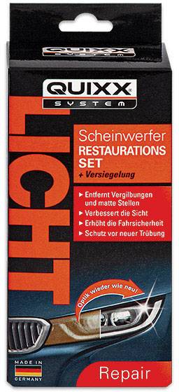 Balenie sady na renováciu svetlometov od QUIXX. Sľubuje odstránenie žltnutia, zlepšenie viditeľnosti a ochranu pred novým zakalením.