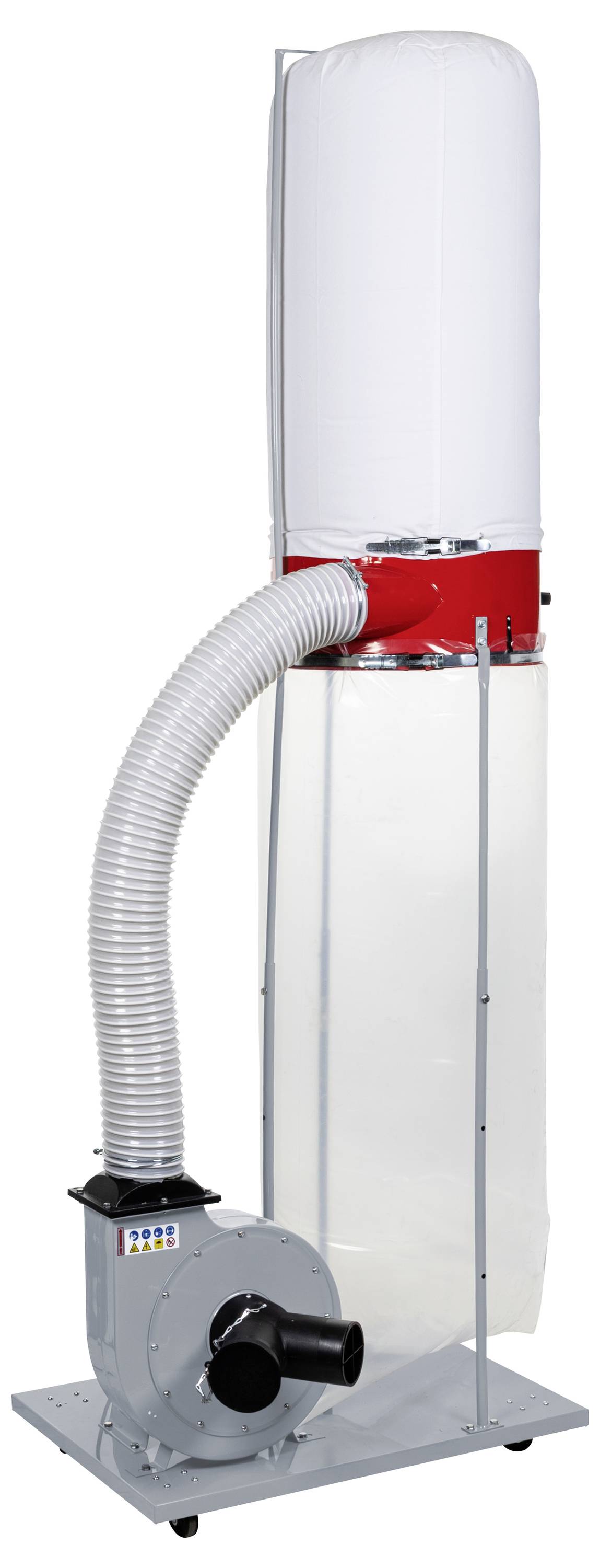 Prenosný zberač prachu so sivým ventilátorom, flexibilnou hadicou a vysokou bielou filtračnou taštou namontovanou na mobilnom kovovom podstavci.