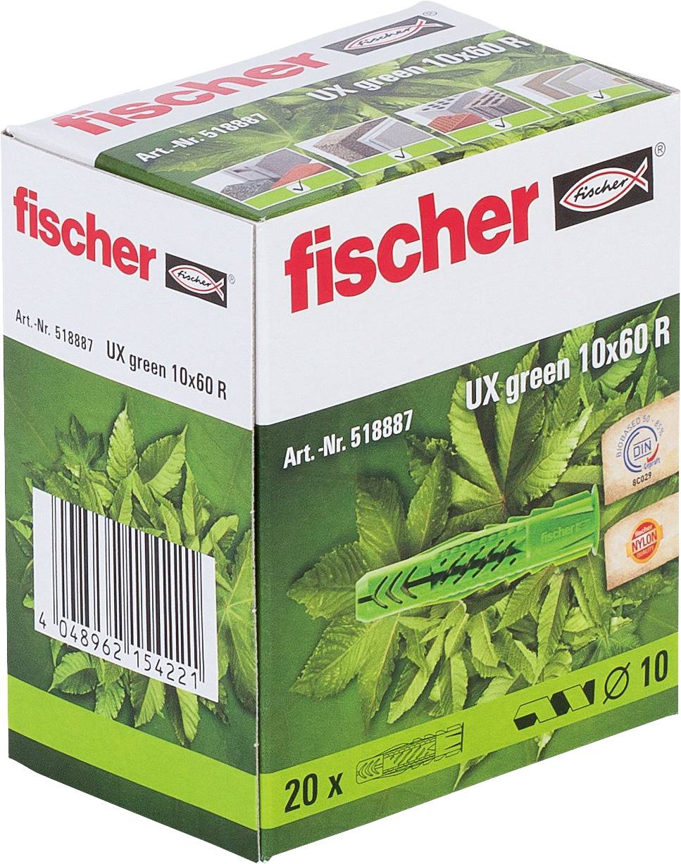 Krabica Fischer UX zelených 10x60 R kotviacich hmoždiniek so zeleným listovým dizajnom na balení, čiarovým kódom a počtom 20 kusov.