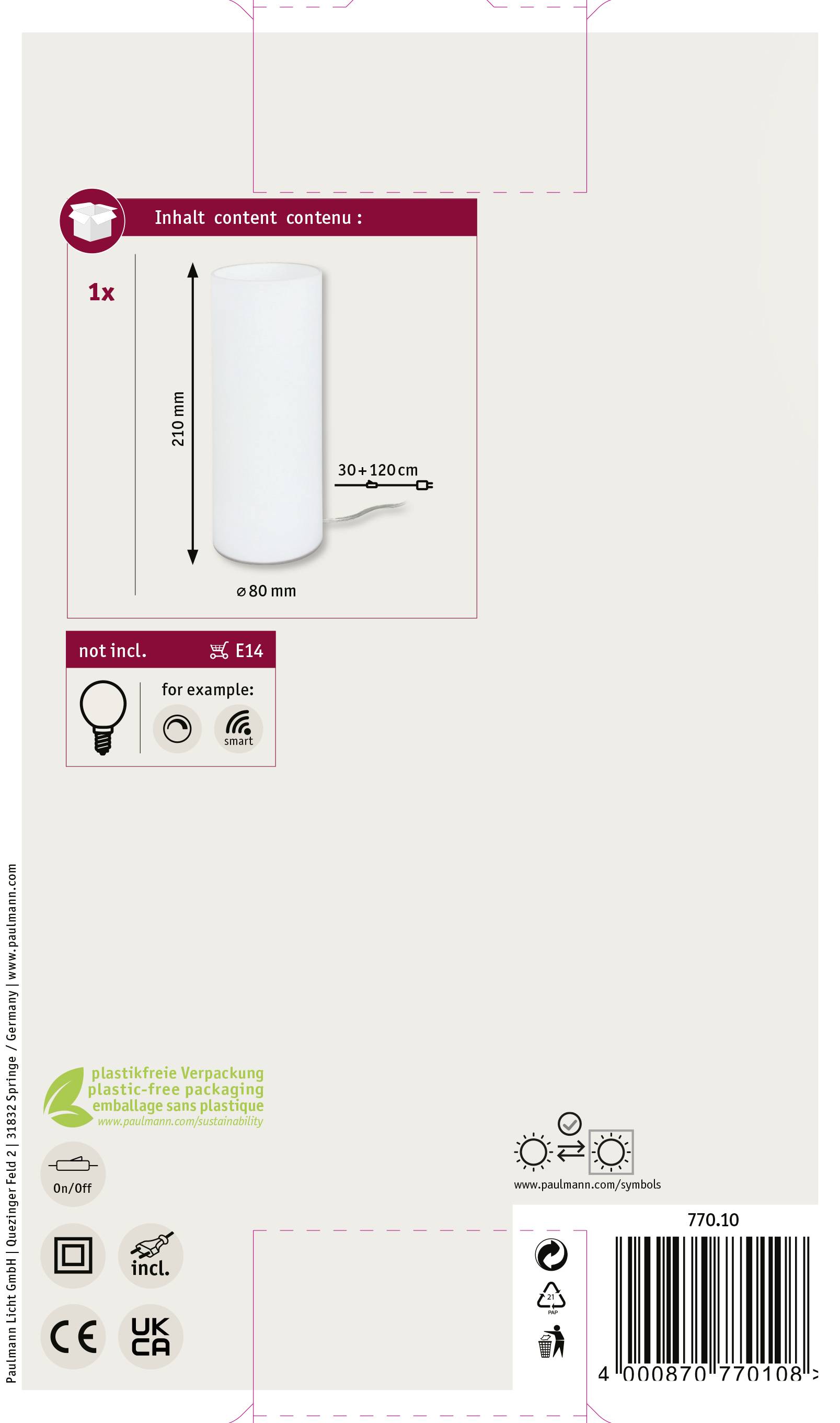 Obsah balenia: 1x svietidlo, vhodné pre žiarovky E14 (nie sú súčasťou balenia). Rozmery: 29 cm výška, priemer 8 cm. Balenie bez plastov.