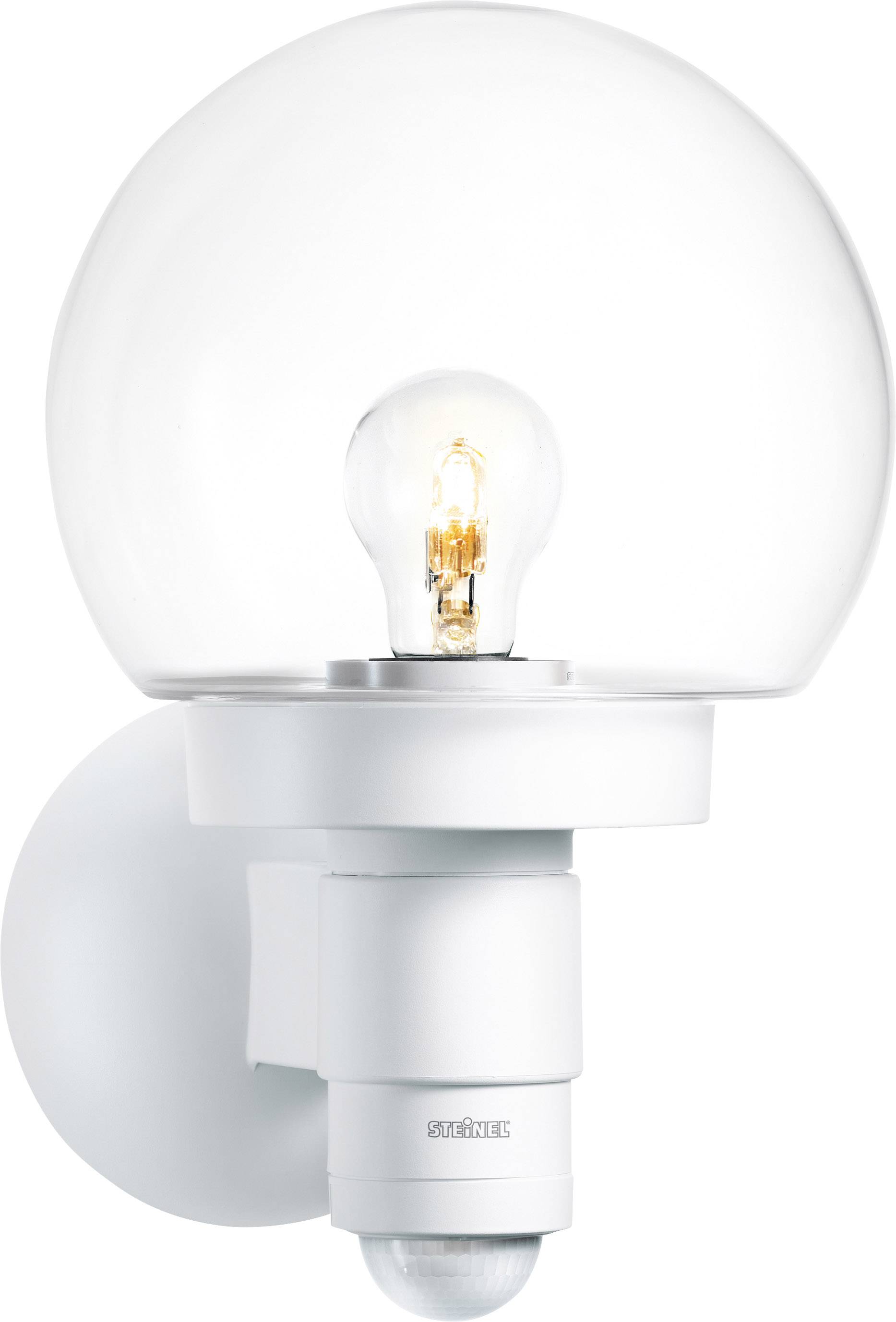 Biela nástenná lampa s okrúhlym, priehľadným tienidlom a viditeľnou žiarovkou. Pod ňou sa nachádza pohybový senzor.