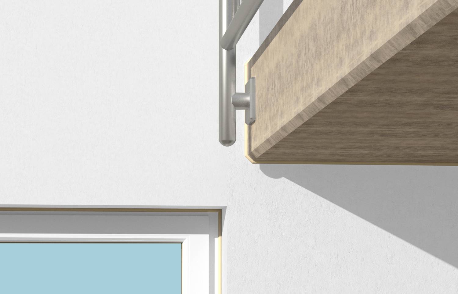 Detailný pohľad na modernú balkónovú časť z dreva a kovovým zábradlím. Vpravo hore drevený balkón, dole vľavo okno s modrým sklom.