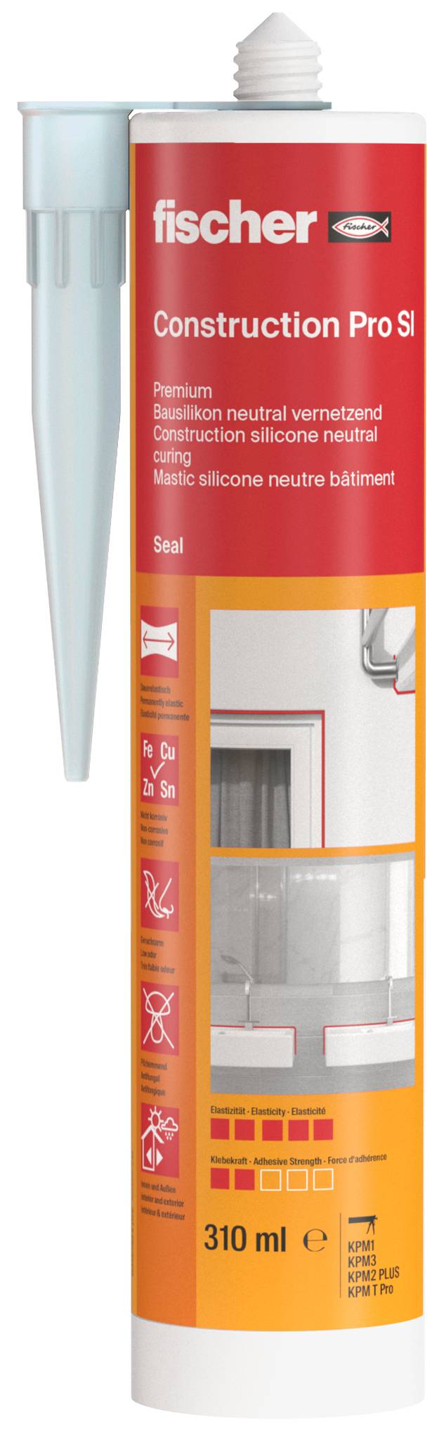 Tubuľa silikónového tmelu Red Fischer Construction Pro s bielym hubičkou, objem 310 ml.