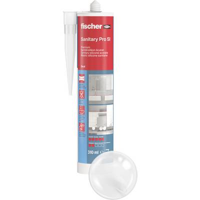 Obrázok cartridže silikónového tesnenia Fischer 'Sanitary Pro SI' s objemom 310 ml s bielou hubicou a priehľadným plastovým uzáverom, zobrazenej vzpriamene na bielom pozadí.
