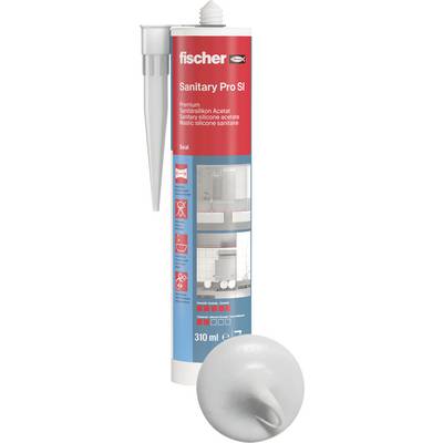 Tuba silikónového tesnenia "fischer Sanitary Pro SI" s hubicou, označená 310 ml, zobrazená s malou sivou zapečatenou vzorkou a oknom produktu.