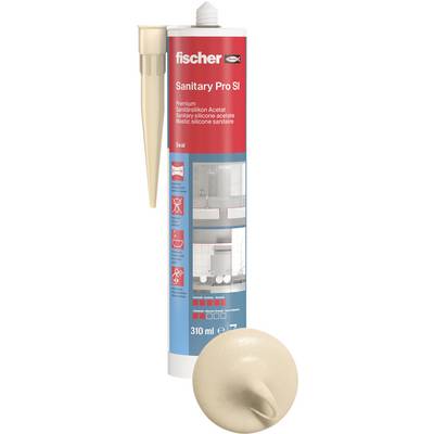 Fischer Sanitary Pro SI silikónová tesniacka kartúša s hubicou, 310 ml, zobrazená s béžovým nanášaným silikónovým zhlukom.