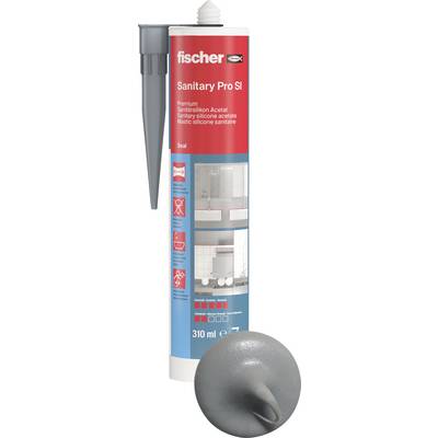 Červená a modrá sanitárna silikónová tesniaCA Fischer Sanitary Pro SI v striekačke s šedou aplikačnou striekačkou, 310 ml, zobrazená so šedou čiarou tesnenia.