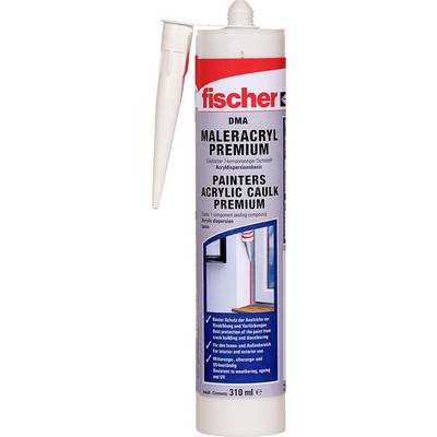 Kartuša akrylového tesnenia značky Fischer, označená ako 'Maleracryl Premium', vhodná na tesnenie škár a spojov vo vnútri aj vonku.