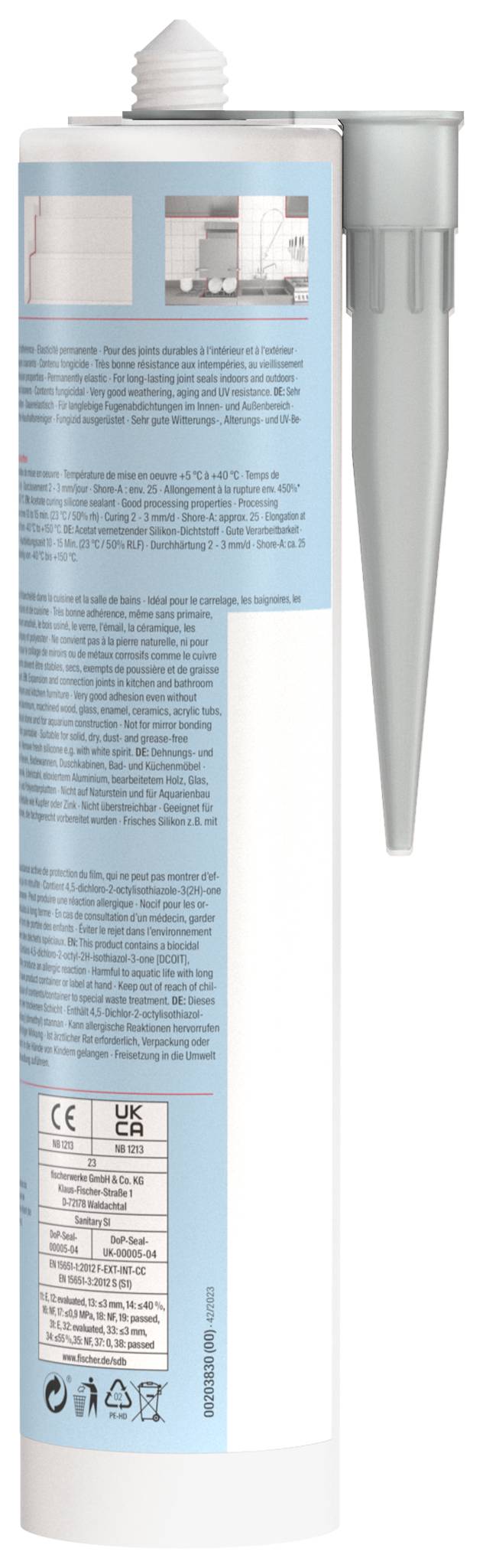 Tubica svetlomodrej lepidla alebo tmelice so skrutkovacím uzáverom a priloženou aplikačnou hubicou, zobrazená ako obal produktu s textom etikety a bezpečnostnými symbolmi.