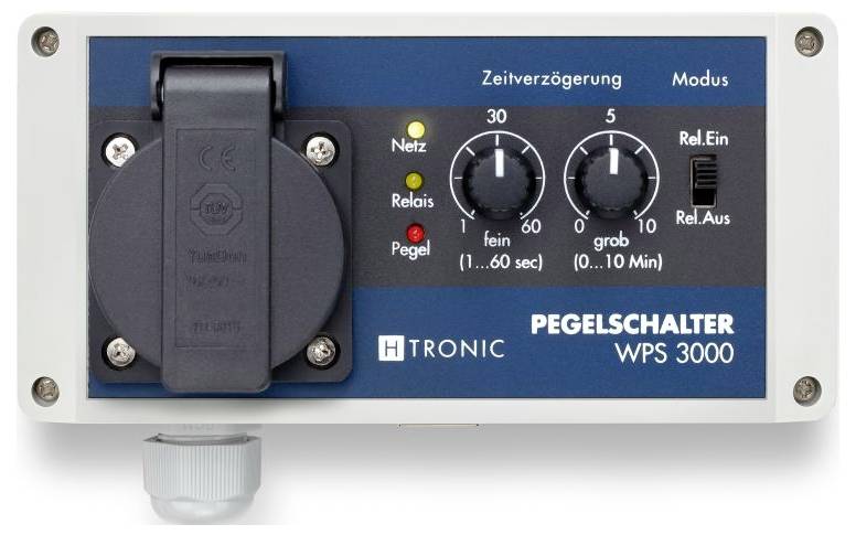 Hladinový spínač WPS 3000 od H-Tronic s dvoma otočnými gombíkmi na nastavenie časového oneskorenia a prevádzkového módu.