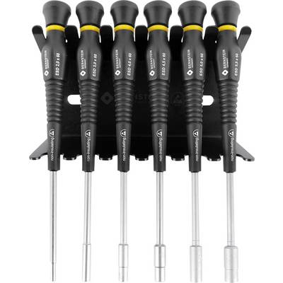Šesť presných skrutkovačov v čiernom držiaku, označených rôznymi veľkosťami od ESD 0,2 do 0,5 x 3,0 mm.