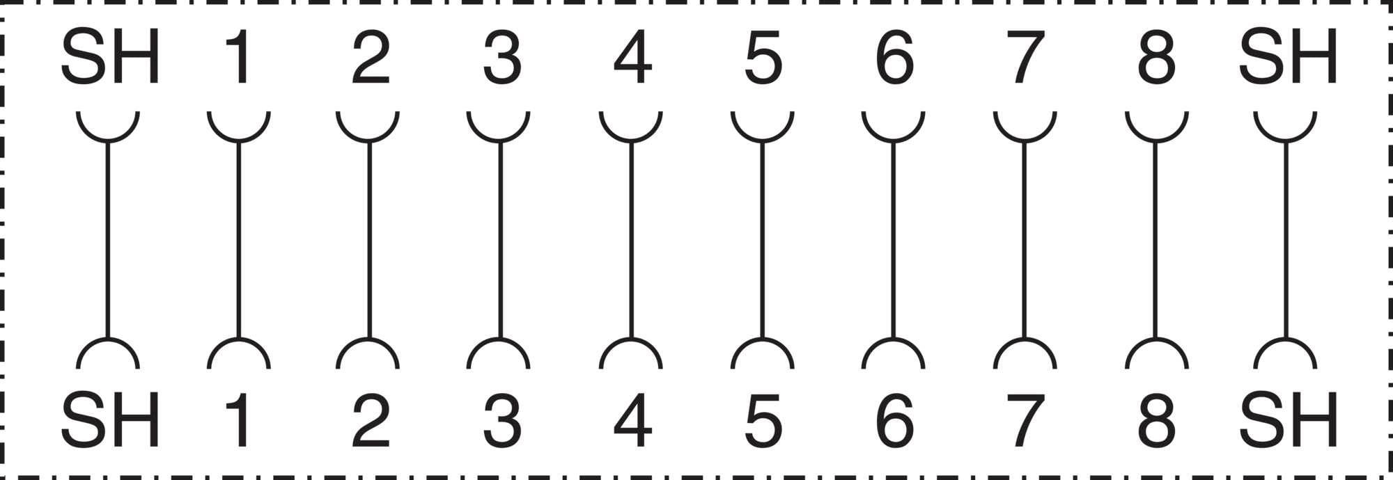 Diagram pletacieho vzoru s ôsmimi očkami v každom rade. Rady sú označené ako 'SH 1 2 3 4 5 6 7 8 SH'. Symboly znázorňujú väzby očiek.