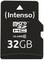 Čierna pamäťová karta Intenso microSDHC, 32 GB kapacita, trieda 10, s bielym popisom a šípkou smerujúcou nahor.