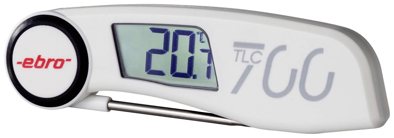 Digitálny teplomer ukazuje 20,7 stupňov Celzia. Zariadenie je biele s logom 'ebro' v červenej farbe.