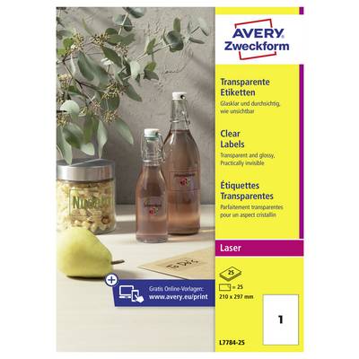 Balík etikiet Avery Zweckform clear laser s transparentnými lesklými etiketami, 210 x 297 mm, 25 listov, kód produktu L7784-25.