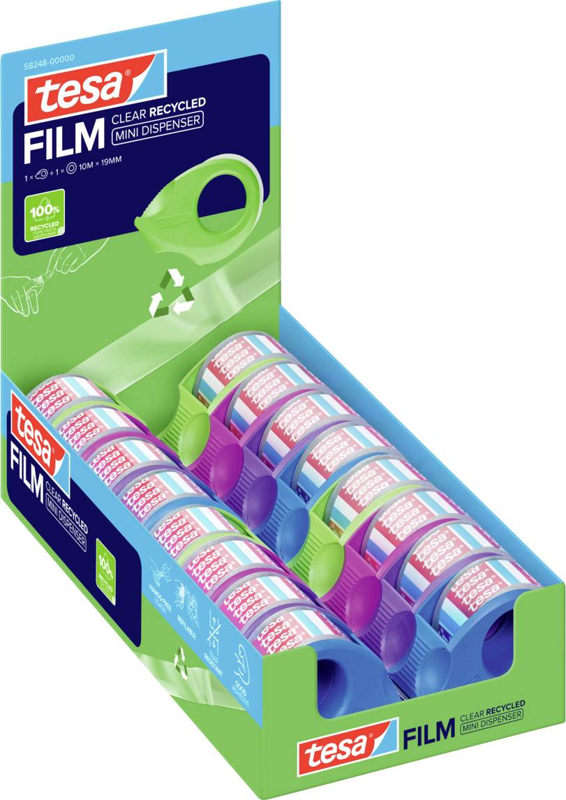 Displajový box s malým dispenserom 'tesa' FILM clear recycled v zelenom, ružovom a modrom prevedení. Obsahuje 10 roliek, každá v rozmere 10m x 19mm.