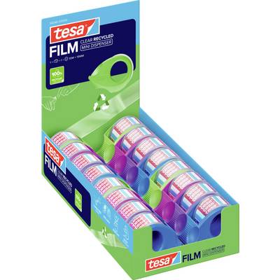 Displajový box s malým dispenserom 'tesa' FILM clear recycled v zelenom, ružovom a modrom prevedení. Obsahuje 10 roliek, každá v rozmere 10m x 19mm.