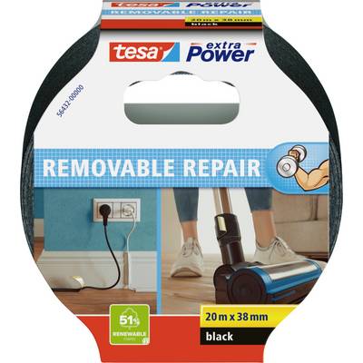 Baliaci materiál 'Tesa extra Power Removable Repair Tape' zobrazuje použitie pásky na upevnenie kábla na stenu. Páska je 20 m x 38 mm, čierna.