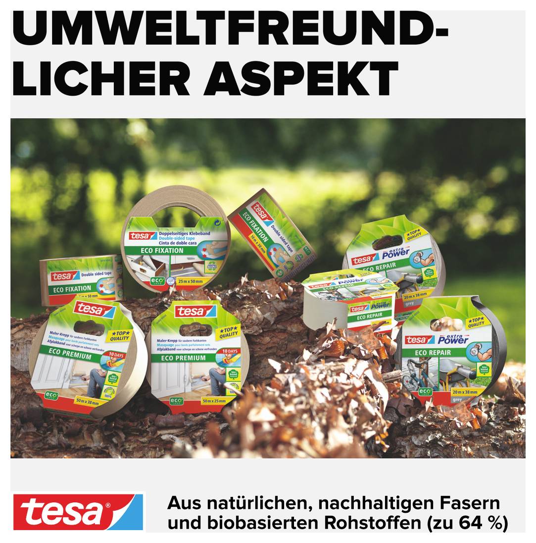 Environmentálne šetrné produkty Tesa určené do exteriéru, s obalovými poznámkami o udržateľných materiáloch a biobázických surovinách.