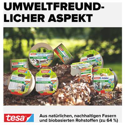 Environmentálne šetrné produkty Tesa určené do exteriéru, s obalovými poznámkami o udržateľných materiáloch a biobázických surovinách.