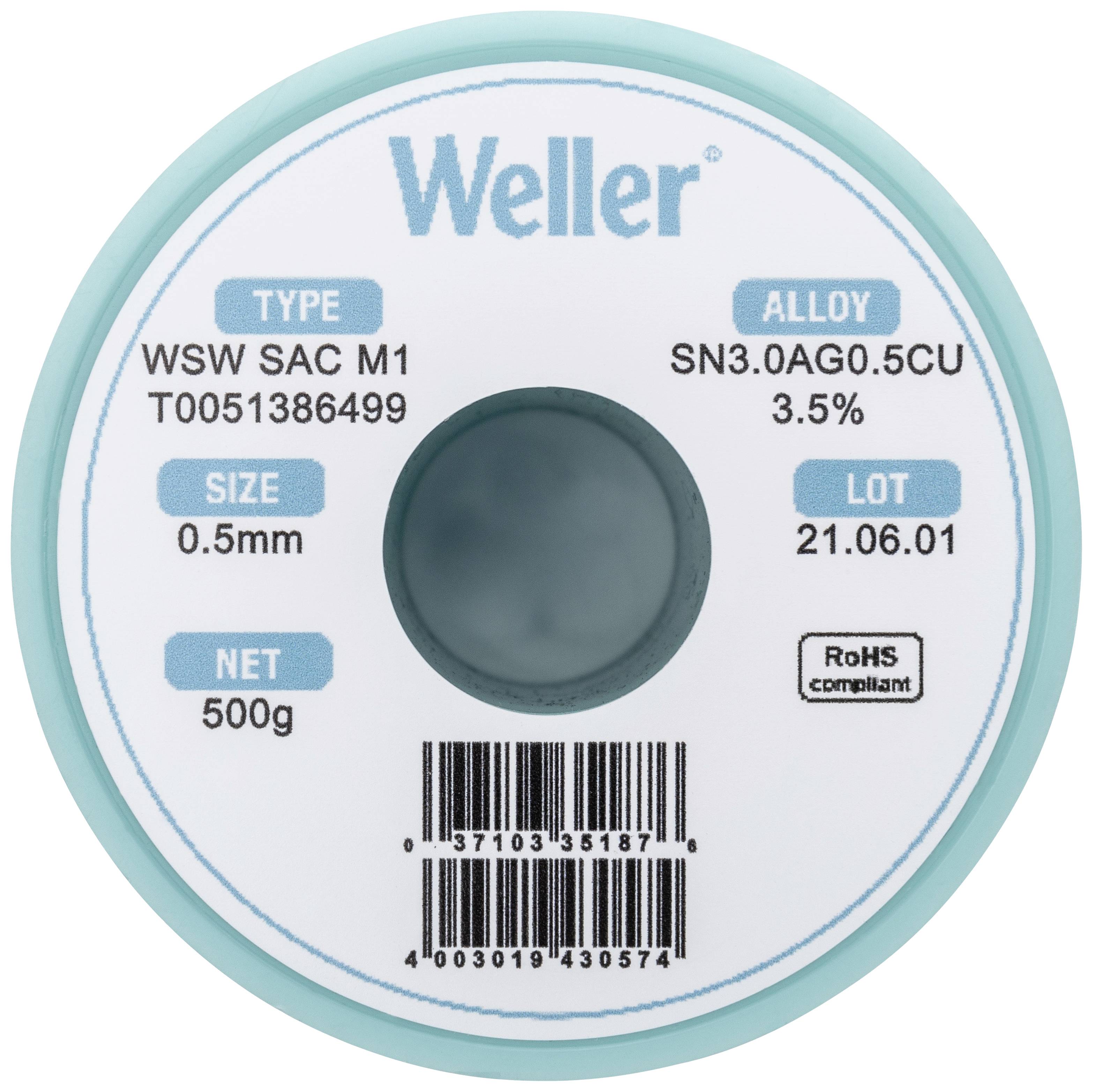 Spájkovacia cínová rolka od Weller, typ WSW SAC M1 so zliatinou SN3.0AG0.5CU 3,5%, priemer 0,5 mm, čistá hmotnosť 500 g, číslo šarže 21.06.01.